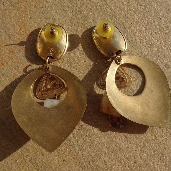 Big Vintage '80s Gold Gold Swirl Spiral Swarovski Crystal Post Dangle Earrings - Picture 3 of 6